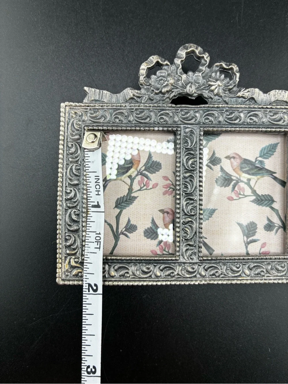Ornate pewter Double‎ Photo Frame with floral bow on top